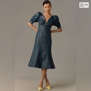 ✨ Anthropologie Faux Leather Puff-Sleeve Zip-Front Midi Dress, Size 4, NWT